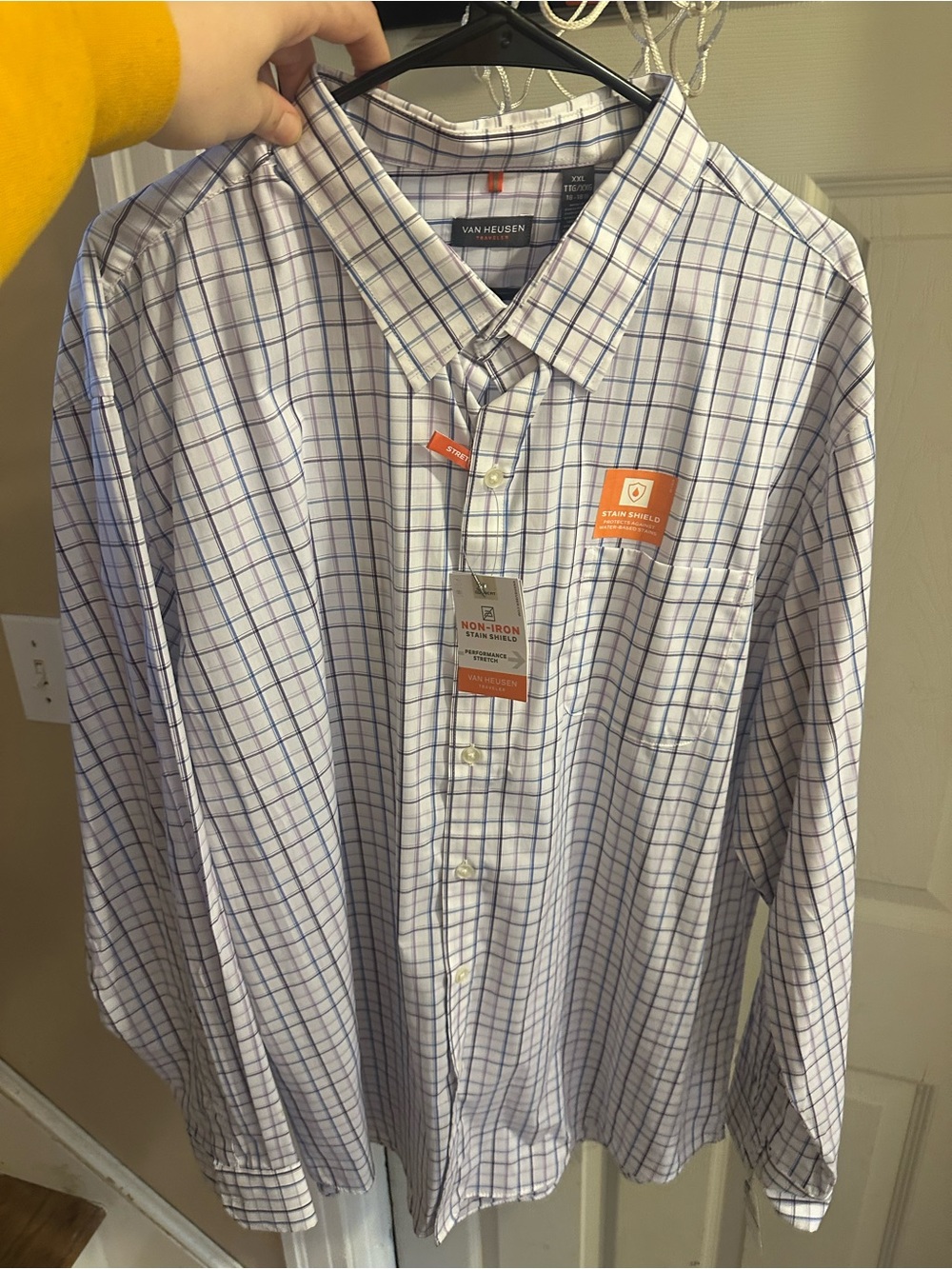 Van Heusen White Dress Shirt with Blue and Purple Windowpane Plaid